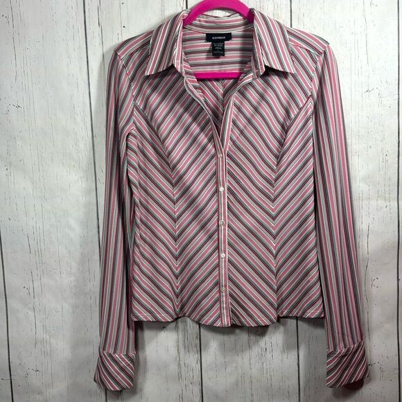 Express Pink Black White Striped Button Down Shirt Stretch Career Y2K Preppy - Picture 1 of 13